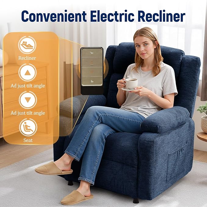 Power Recliner Chair for Adults Oversized Electric Recliner with Thickened Cushions Chenille Fabric Reclining Chair for Living Room Bedroom Blue