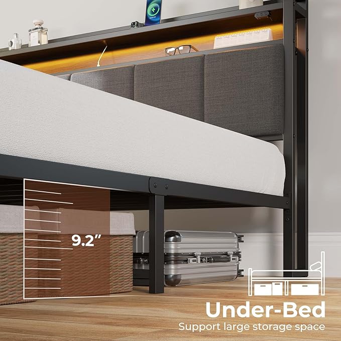 Rolanstar Queen Bed Frame with LED Lights Upholstered Headboard Charging Station Storage Shelves Heavy Duty Metal Slats No Box Spring Needed Noise Free Easy Assembly Dark Grey