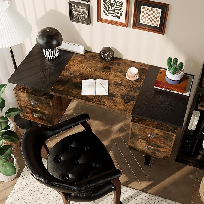 Large Office Desk Computer Table with 4 Drawers for Home Office 59 Study Writing Desk Workstation with Storage and Metal U Legs for Living Room Black and Rustic Brown Top CTSZ20401CM