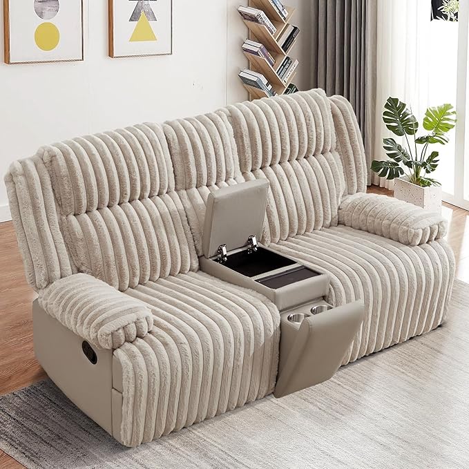 Oversized Reclining Loveseat with Hidden Cup Holders &amp Wireless Charger Wall Hugger Reclining Sofa Manual Double Recliner Loveseat with USB Ports for Living Room (Beige Loveseat)