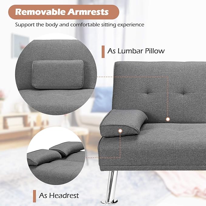 Giantex Modern Convertible Futon Sofa Bed Linen Upholstered Sofa Sleeper w/Metal Leg Removable Armrests 2 Cup Holders Backrest Adjustable Folding Sofa Bed for Apartment (Light Gray)