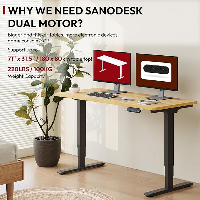 SANODESK 55 Electric Standing DeskOne-Piece Dual Motor Height Adjustable Desk Stable and Durable 3-Stage Stand up Desk for Home Office (Black Frame/55 x 28 Inch Maple top)