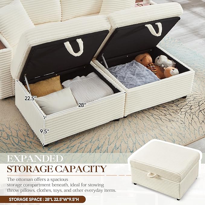 68 Cloud Loveseat with Ottoman Set USB Ports &amp Storage Wooden Side Table Comfy Plush Corduroy Upholstered Love Seat Modern Oversized Deep Seated Grey Sectional for Living Room Beige