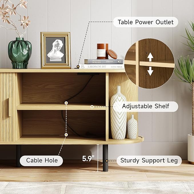 ONBRILL 63 TV Stand with Power Outlet for TVs up to 70 Inch Entertainment Center with Storage and Adjustable Shelves Modern Media Console with Sliding Doors for Living Room Oak