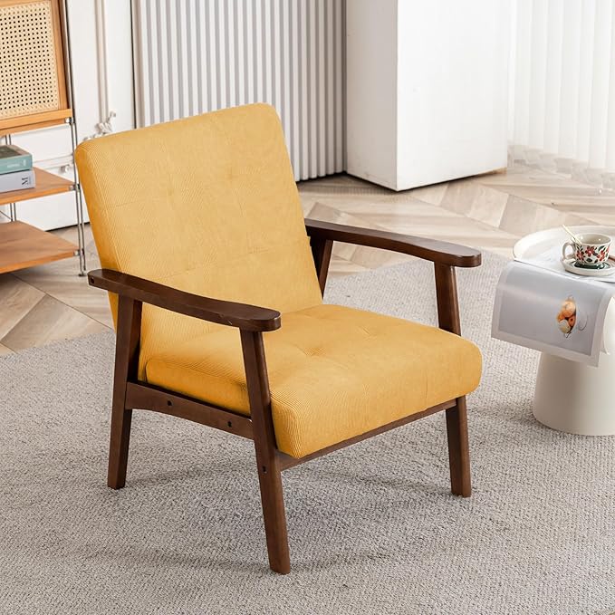 Mid Century Modern Accent Chairs for Living Room Comfy Bedroom Chairs for AdultsSmall Wide Reading Nook Arm Chair 105° Ergonomic Cozy Ginger Corduroy Armchair with Rubber Wood