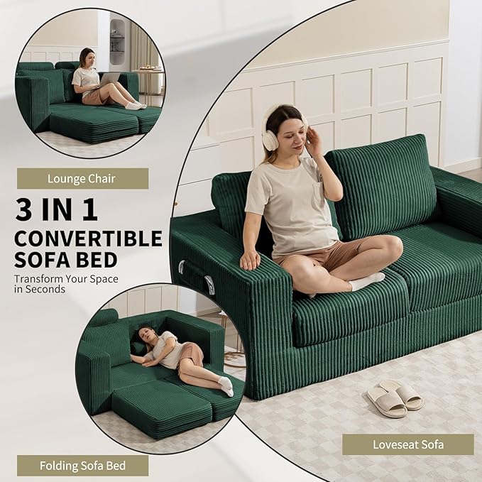 J.C.UP 69'' Convertible Sofa Bed Pull Out Loveseat Sleeper Sofa 2 Seater Boneless Folding Sofa Bed Floor Couch with Deep Seat Chaise Lounge for Living Room Bedroom No Assembly Required Green