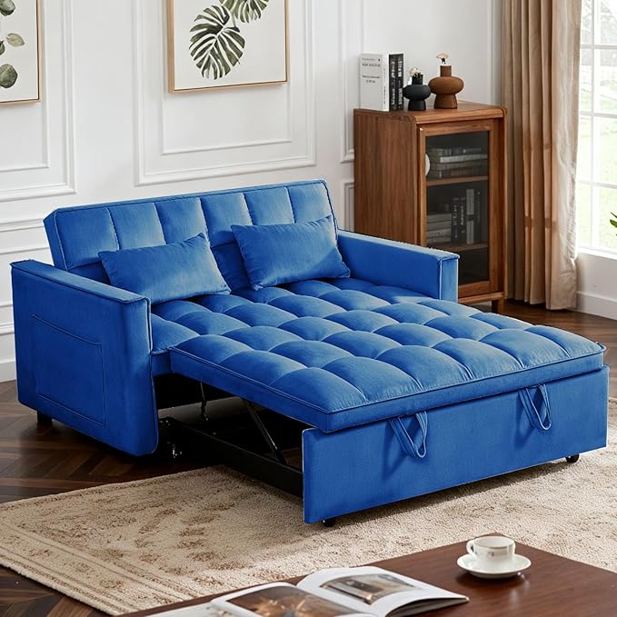 3 in 1 Sofa Bed Love Seat Sleeper Bed with Side Pockets Velvet Fabric Pull Out Couch with Adjustable Backrest for Living Room Bedroom Apartment Blue