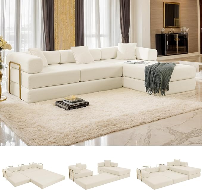 108 W Corduroy Modular Cloud Couch with Fixed-Shape Frame Oversized L-Shaped Sectional Sleeper Sofa Bed with Pull Out Bed No Assembly Modern Floor Boneless Couch for Living Room (Beige)