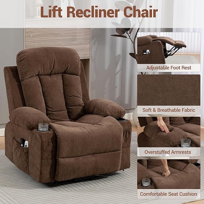 Power Lift Recliner Chair for Elderly People w/Vibration Massage and Lumbar Heat Oversized Recliner Chair Sofa for Adult with Cup Holder USB Charge Port for Living Room Bedroom Brown