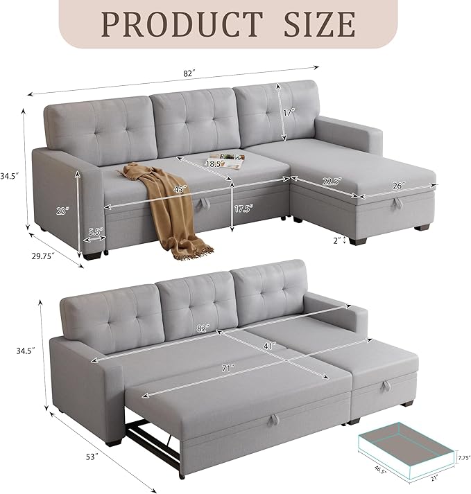 Ball &amp Cast L-Shape Convertible Sectional Sleeper Sofa Bed 4 in 1 Pull Out Couch with Reversible Storage Chaise &amp Removable Back CushionsSleeper Corner Couch Pull Out Sofa Bed for Living Room