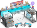 Aheaplus L Shaped Desk with File Drawer Reversible L Shaped Computer Desk Gaming Desk with Power Outlet &amp LED Strip Home Office Desk with Monitor Shelf Corner Desk with Storage Shelves White O