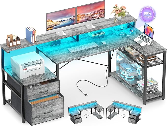 Aheaplus L Shaped Desk with File Drawer Reversible L Shaped Computer Desk Gaming Desk with Power Outlet &amp LED Strip Home Office Desk with Monitor Shelf Corner Desk with Storage Shelves White O