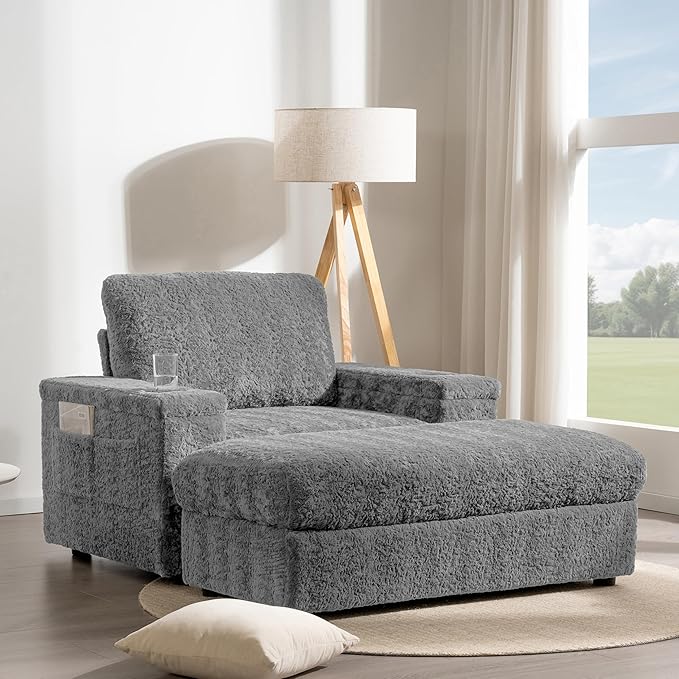 42 Oversized Chaise Lounge Chair Indoor Faux Rabbit Fur Upholstered Sleeper Sofa with Storage Ottoman and Armrests Cup Holders Single Reclining Chair Reading Couch for Living Room (Gray/19)
