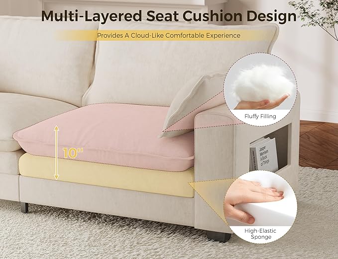 80 L Shaped Sofa Sectional Cloud Couch with Ottoman Modern Chenille Fabric Sofa with Wide Armrest Storage Charging Station Led Lights for Living Room Bedroom and Apartment White