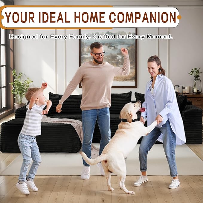 110 L-Shaped Modular Sectional Sofa with Chaise Boneless Comfy Corduroy Fluffy Couch with Deep Seat and Side Pockets Flexible Module Combination for Living Room No Assembly Side Pockets