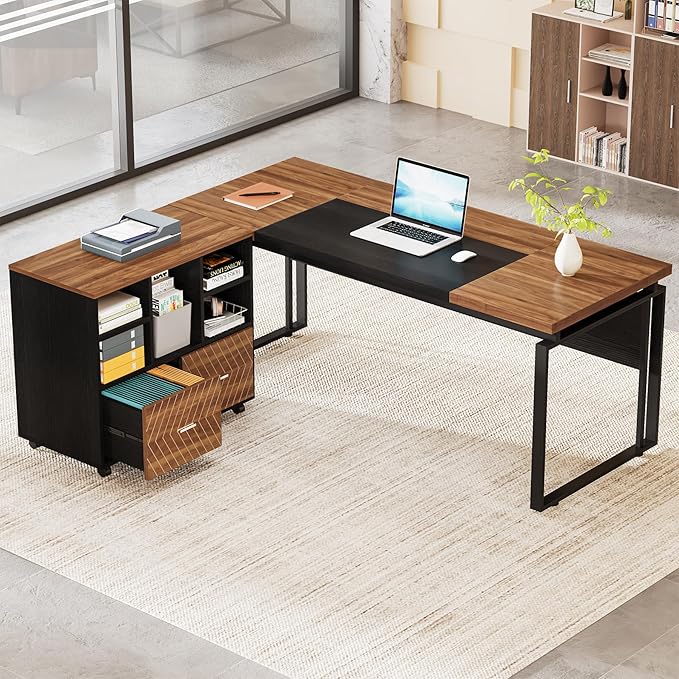 LITTLE TREE 63 L-Shaped Executive Office Desk with File Cabinet Combo Large Modern Office Desk for Home Office Reversible 2-Drawer Wood File Cabinet for A4/Letter Size Files(Brown &amp Black)