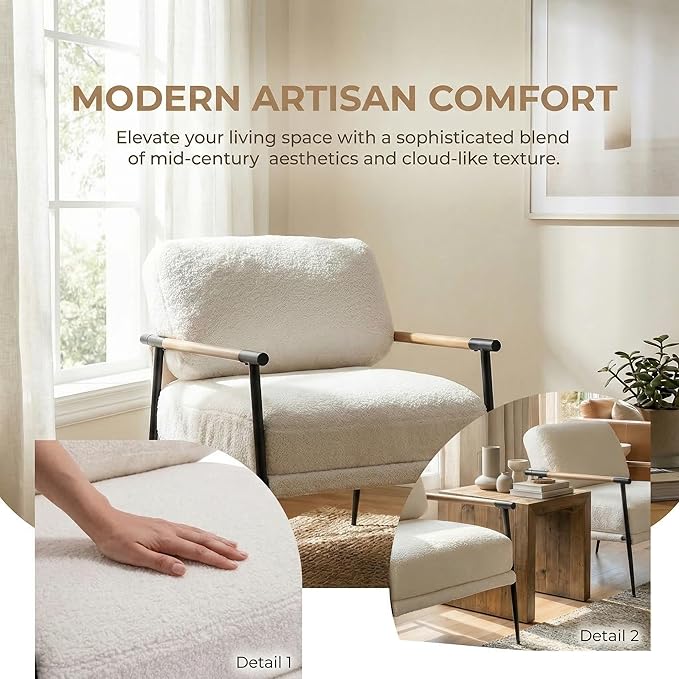 DUOMAY Mid-Century Modern Accent Chair Comfy Sherpa Sofa Lounge Chair Reading Corner Chair for Living Room Bedroom Office Mid-Back Arm Chair with Black Metal Leg White