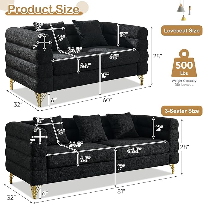 Antetek 81-inch Couches + 60-inch Loveseat Sofa for Living Room Modern Teddy Fabric Upholstered Sofa Couch with Square Arm and 4 Golden Metal Legs for Living Room Office Apartment