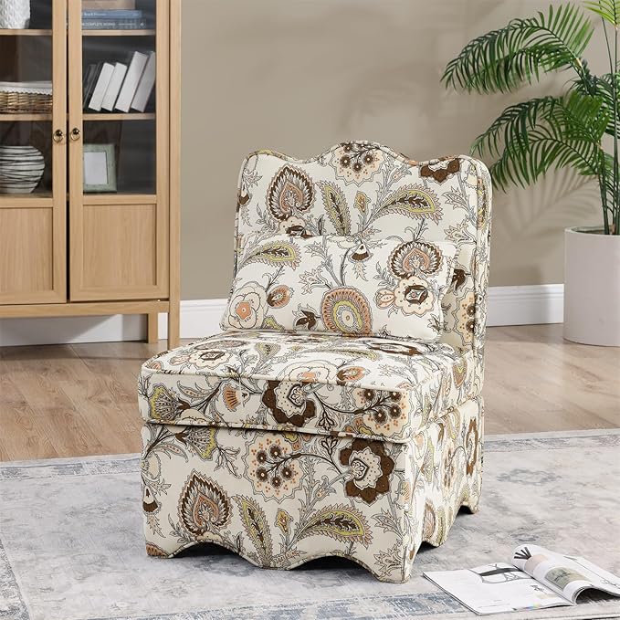 Polibi Retro Single Chair with Flower Pattern and Wave-Shape Edge Flannel Upholstered Armless Sofa Chair with Seat Cushion and Pillow for Living Room Bedroom Brown Flower