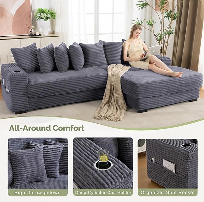 Oversized L-Shaped Modular Sectional Sofa Couch with 8 Pillows Convertible Corduroy Sleeper Sofa Bed with Cupholders &amp Storage Pockets Cloud Couch with Movable Ottoman for Living Room Dark Grey