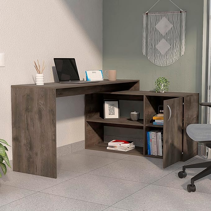 Dark Brown L-Shaped Writing Desk with 2 Shelves - Modern Home Office Design