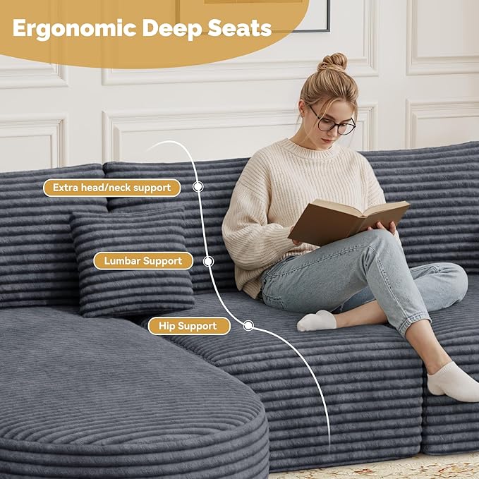 110”Sectional Couches for Living RoomModular l Shaped Cloud CouchBoneless ComfyModern Sofa with ChaiseDeep Seat Convertible Sleeper Sofa BedNo Assembly RequiredGray1pcs