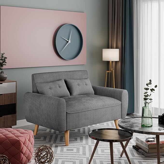 Vongrasig 48 Small Modern Loveseat Sofa Mid Century Soft Corduroy Fabric 2-Seat Sofa Couch Tufted Love Seat with Back Cushions and Tapered Legs for Living Room Bedroom and Small Space (Dark Gray)