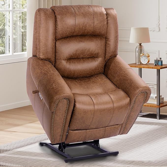 EONIX Classical Large Power Lift Recliner Chair for Elderly with Heat and Massage Dual Motor Lay Flat Electric Lift Chair Recliner for Adults Living Room Bedroom SLRY005061 Nut Brown