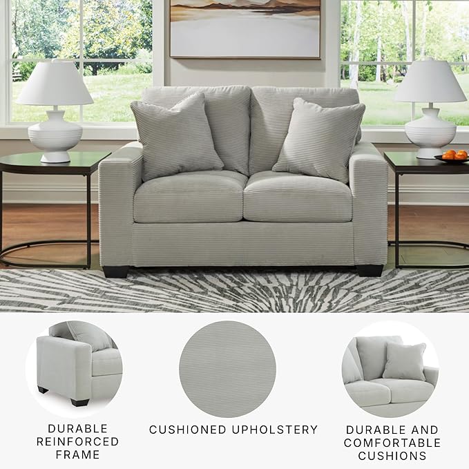 Signature Design by Ashley Ammon Casual Anti Sag Loveseat with Loose Seat Cushion and 2 Accent Pillows Light Gray