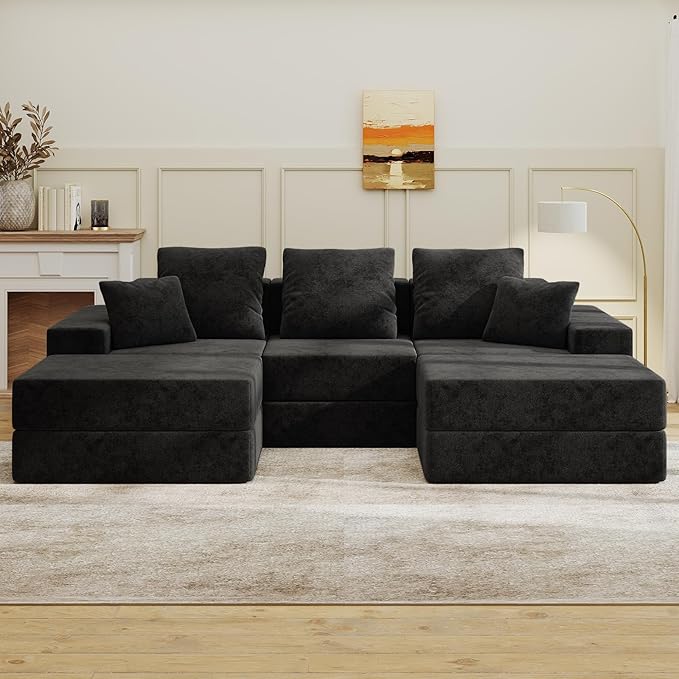Living&ampGiving 101 U-Shaped Cloud Sectional Couch for Living Room Cloud Boneless Couch-No Assembly with Reversible Chaise Customizable 3-Seat Modular Sectional Sofa with 2 Ottoman Black