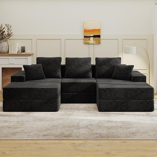 Living&ampGiving 101 U-Shaped Cloud Sectional Couch for Living Room Cloud Boneless Couch-No Assembly with Reversible Chaise Customizable 3-Seat Modular Sectional Sofa with 2 Ottoman Black