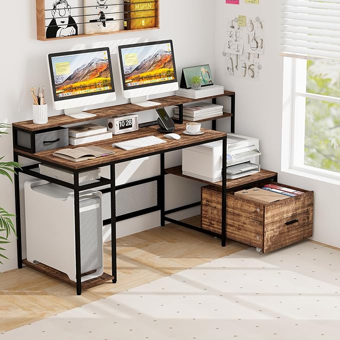 Tangkula 67 Computer Desk with Monitor Stand &amp File Drawer Large Home Office Desk with Power Outlets &amp USB Ports Long Workstation with Storage Shelves Study Writing Desk Gaming Desk Rusti