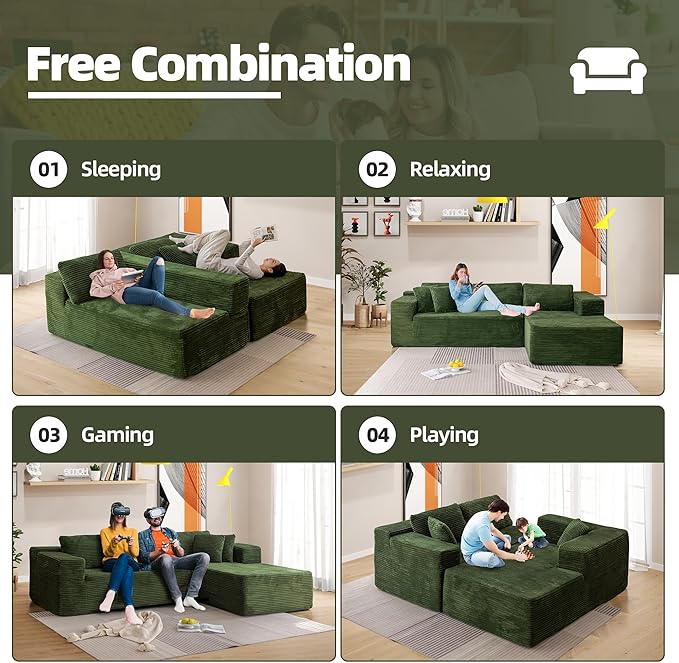 HOMREST 106 Modular Cloud Sectional Sofa with Deep Seats &amp Chaise No-Assembly L-Shape Couch for Living Room Plush Corduroy Fabric Green Oversized Comfortable Seating