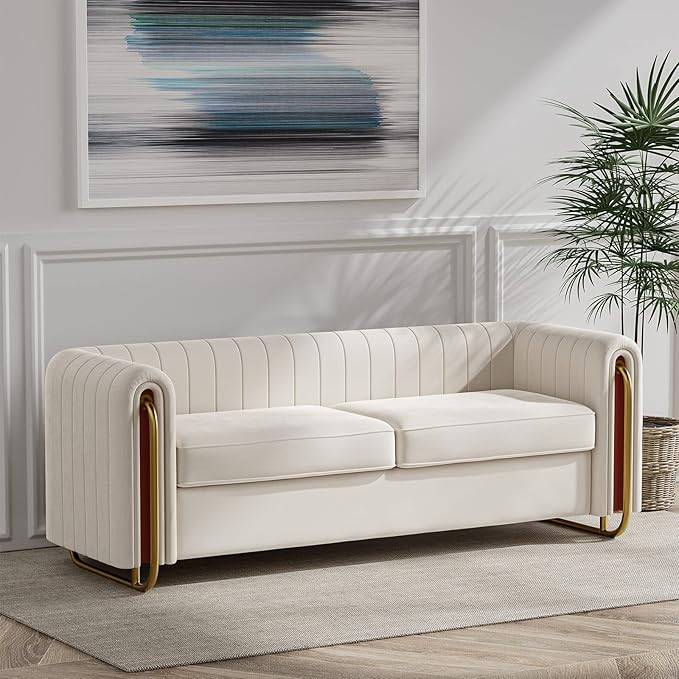 Dolonm Modern Velvet Sofa for Living Room 84 Inches Long Upholstered Sofa Couch with High Armrest and Metal Legs Decor Furniture for Bedroom Office (Beige)