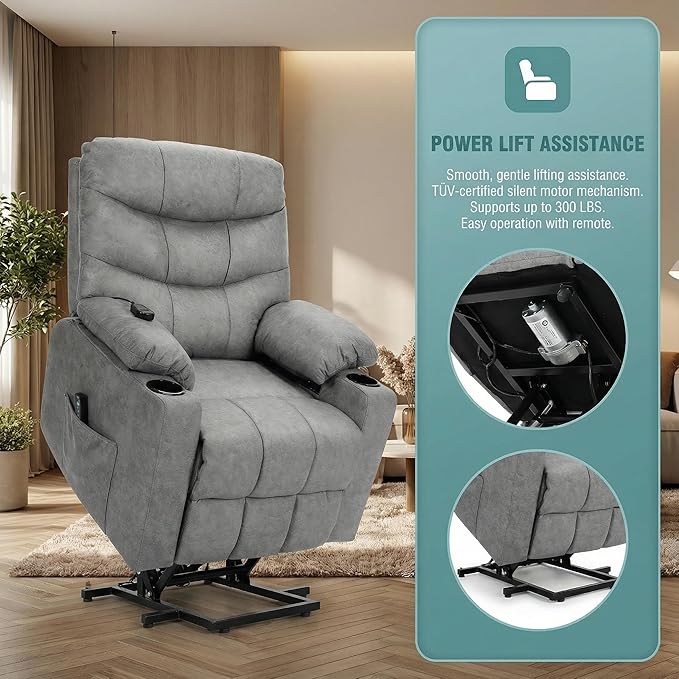 Homdox Power Lift Recliner Chair for Elderly Heavy Duty Electric Lift Reclining Sofa with Remote Control Assist Function Heated Massage and Side Pockets Ideal for Living Room (Grey)