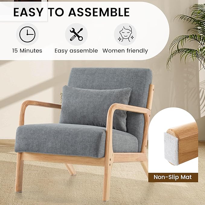 Mid Century Modern Accent Chair Set of 2 Upholstered Chair for Living Room Accent Chair with Lumbar Pillow Solid Wood Frame Reading Chair Armchair for Bedroom Small Spaces Darkgrey