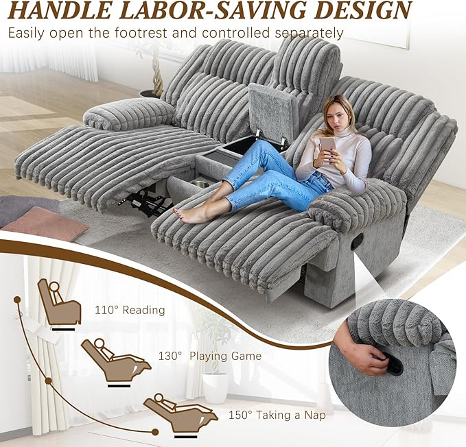 Oversized Reclining Loveseat with Hidden Cup Holders &amp Wireless Charger Manual Double Recliner Sofa Wall Hugger Loveseat Recliner with USB Ports for Living Room (Gray Loveseat)