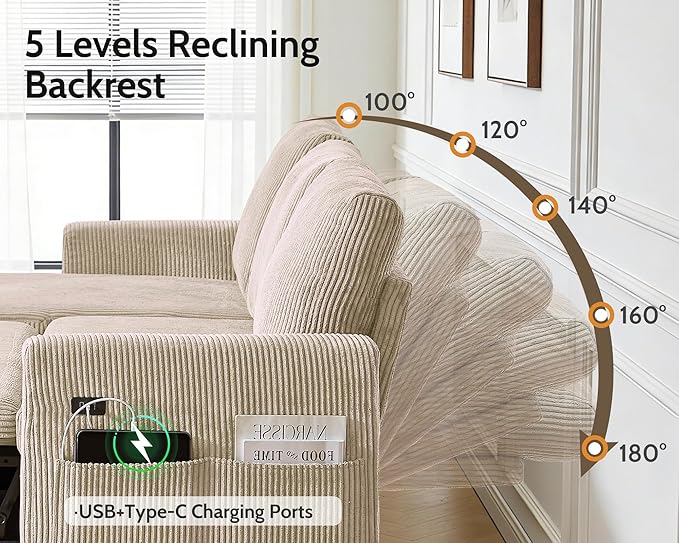 WEUP 82 L Shaped Sectional Sleeper Sofa Bed with Pull Out Bed Sectional Sleeper Couch Pull Out Couch with Reclining Backrest/Reversible Storage Chaise/USB Ports/Tool-Free Assembly Corduroy Beige