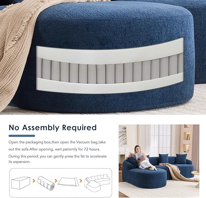 Curved Sectional Sofa Couch Oversized L Shape Deep Seat Cloud Couch Modern Chenille 4-Seater Sofa with Chaise No Assembly Required Couches for Living Room Apartment Office Navy Blue