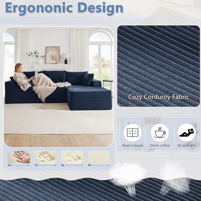 103 L-Shape Cloud Couch with Chaise Upholstered Corduroy Modular Sectional Sofa Deep Seat Couch with Free Combination for Living Room &amp ApartmentNo Assembly Required(BlueRight Facing Chaise)