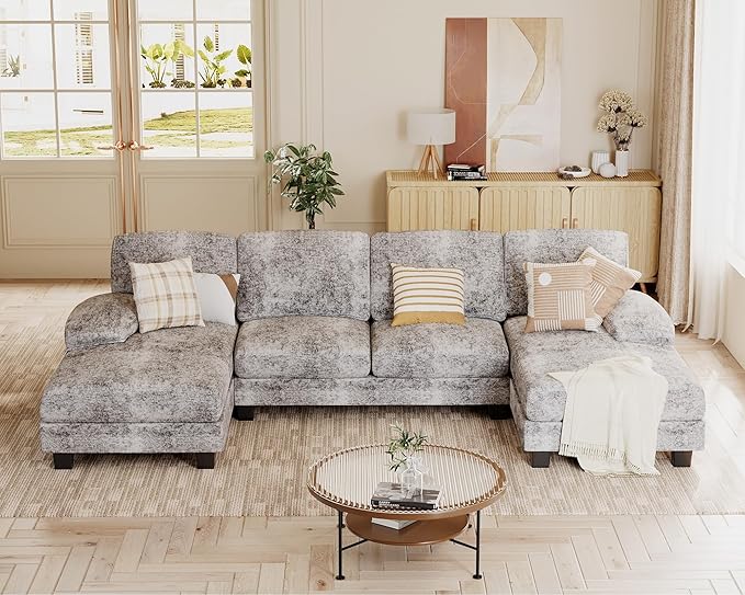 JUMMICO Sectional Couches for Living Room U Shaped Couch with Chenille Fabric 4 Seat Modern Sofa with Removable Pillows for Apartment and Small Space (Fabric Grey)