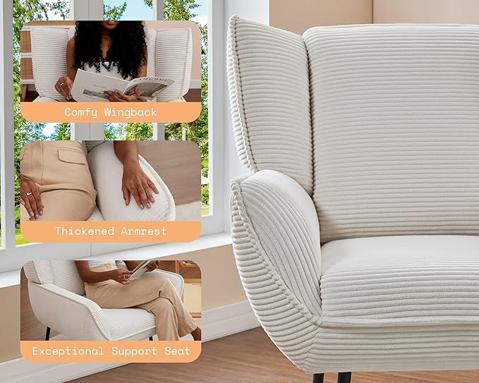 AMERLIFE Accent Chair Set- Upholstered Living Room Chair with High Wingback White Reading Armchair for Meeting Room Comfy Corduroy Chair Set of 3