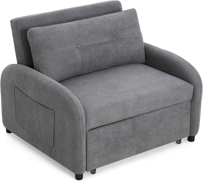 Merax 3-in-1 Convertible Sleeper Sofa Bed with Pillow &amp Side Pocket Soft Cotton Linen Loveseat Sleeper Chair for Living Room Bedroom Study Apartment Gray