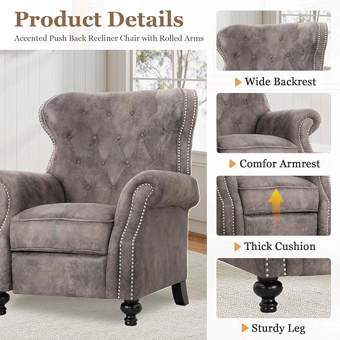 Mid Century Wingback Recliner Fabric Push Back Recliner Chair Single Rolled Armchair Sofa with Rivet Decoration Accent Chairs with Stable Hump Feet for Living Room (Brown Gray)