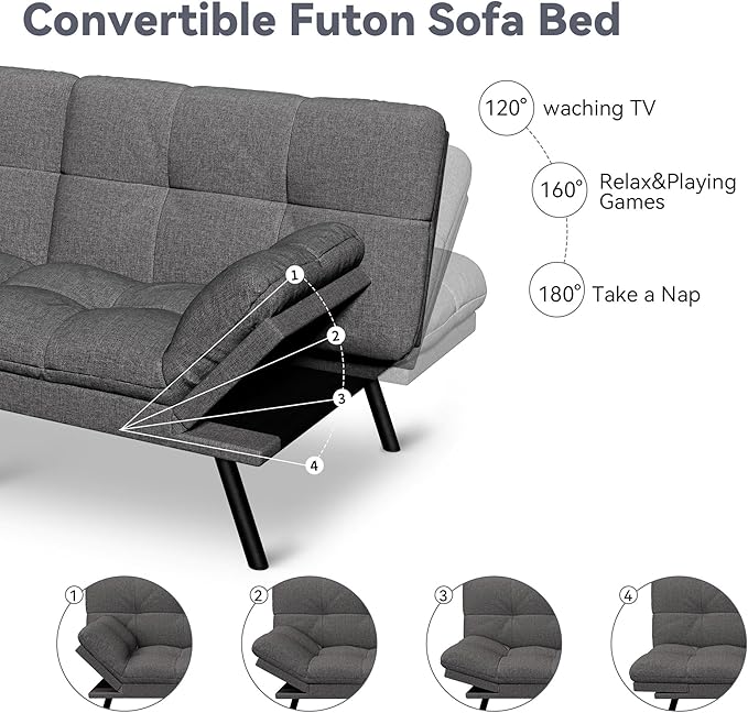 Vyfipt Convertible Futon Sofa Bed 71 Memory Foam Futon Couch with DetachableAdjustable BackrestLinen Fabric Folding Small Loveseat Sleeper for for Living RoomRVOfficeApartmentLight Grey