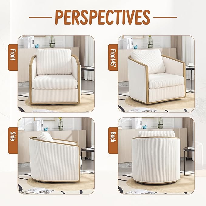 360 Degree Swivel Barrel Club Chair Comfortable Accent Sofa Chair for Living Room Leisure Armchair with Sturdy Hardwood Frame and Metal Base for Nursery Hotel Bedroom Office Lounge (Beige)