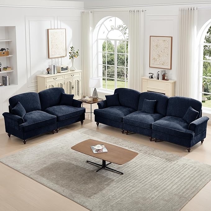 2 Piece Modular Sectional Couch Living Room Sofa Set 3 Seater+2 Seater Loveseat Sofa Sets for ApartmentRemovable Ruffles Pleats SkirtsBlue