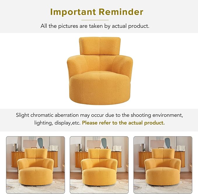 Swivel Accent ChairBedroom Barrel Chairs with Seat CushionModern 360° Soft Berber Fleece Fabric Circle Chair with Adjustable Headrest for Living Room (Yellow)