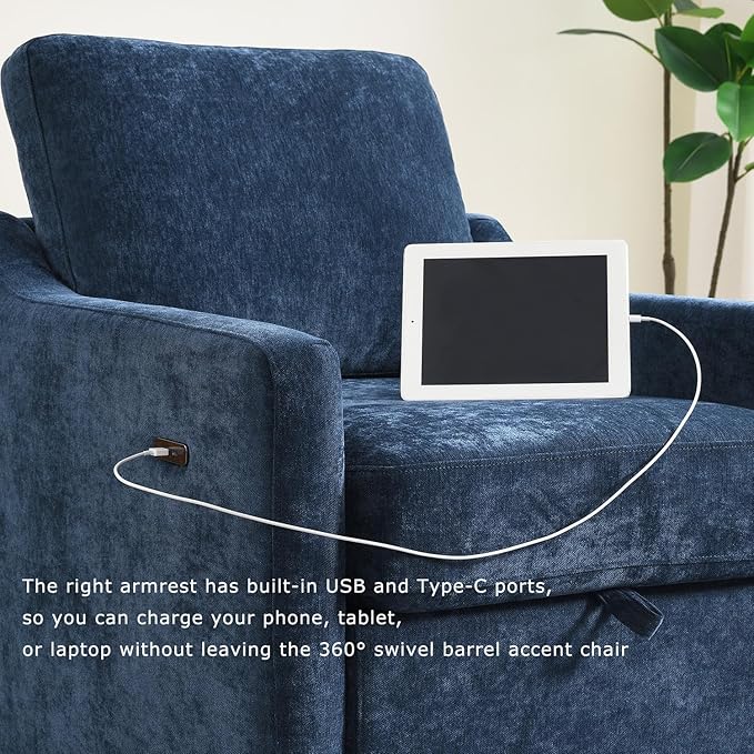 30 Oversized Swivel Barrel Chair – Chenille UpholsteredComfy Reading Arm Chair with USB Charging &amp Under-Seat Storage360° Rotating Accent Chair for NurseryLiving Room &amp Office (Navy Blue)