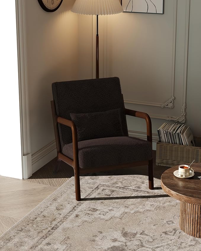 Garvee Mid-Century Modern Accent Chair Sherpa Upholstery Solid Wood Armchair with Removable Lumbar Pillow Sturdy Reading Chair for Living Room Bedroom Guest Room Easy Assembly Brown